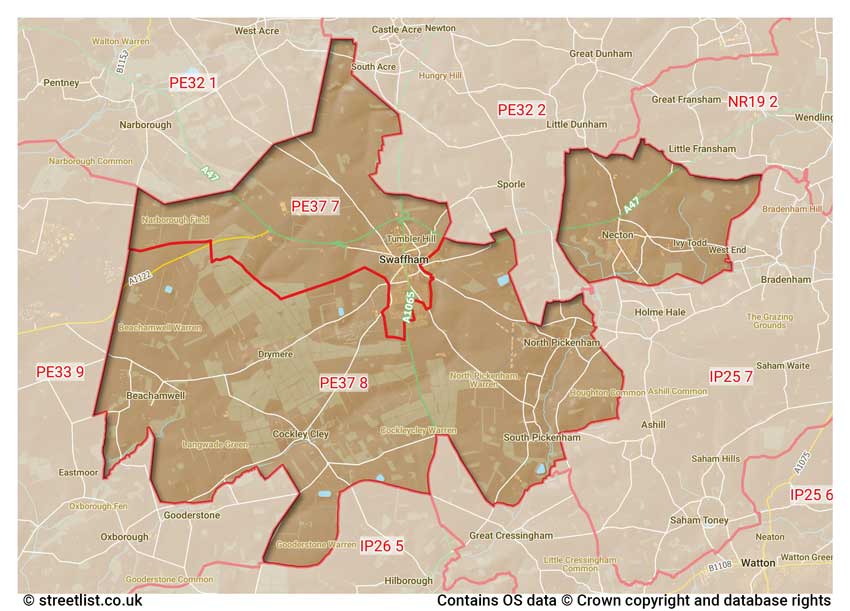 map showing postcode sectors within the PE37 district