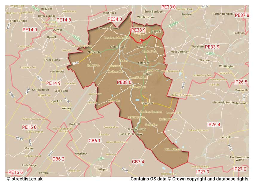 map showing postcode sectors within the PE38 district