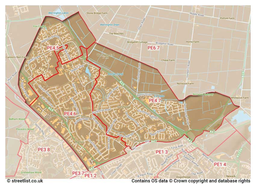 map showing postcode sectors within the PE4 district