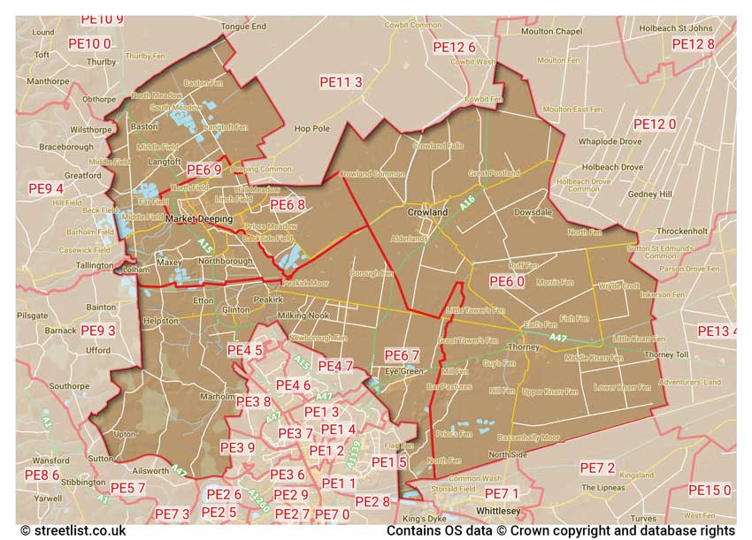 map showing postcode sectors within the PE6 district