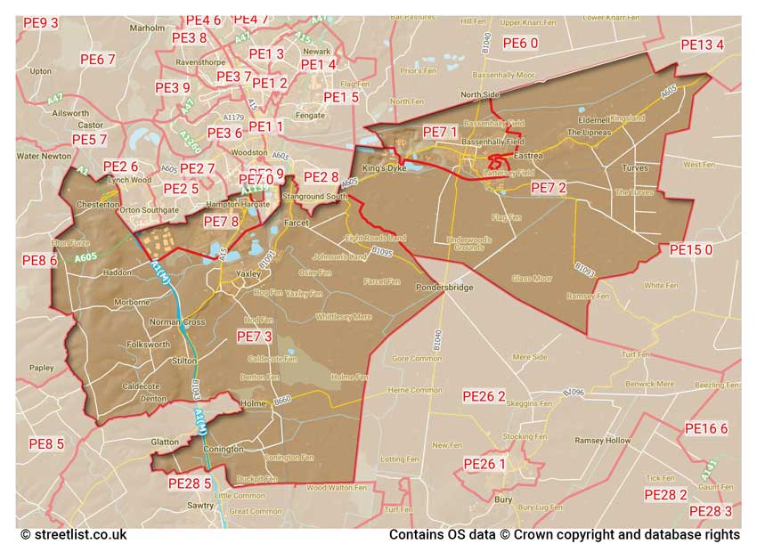 map showing postcode sectors within the PE7 district