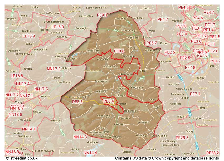 map showing postcode sectors within the PE8 district