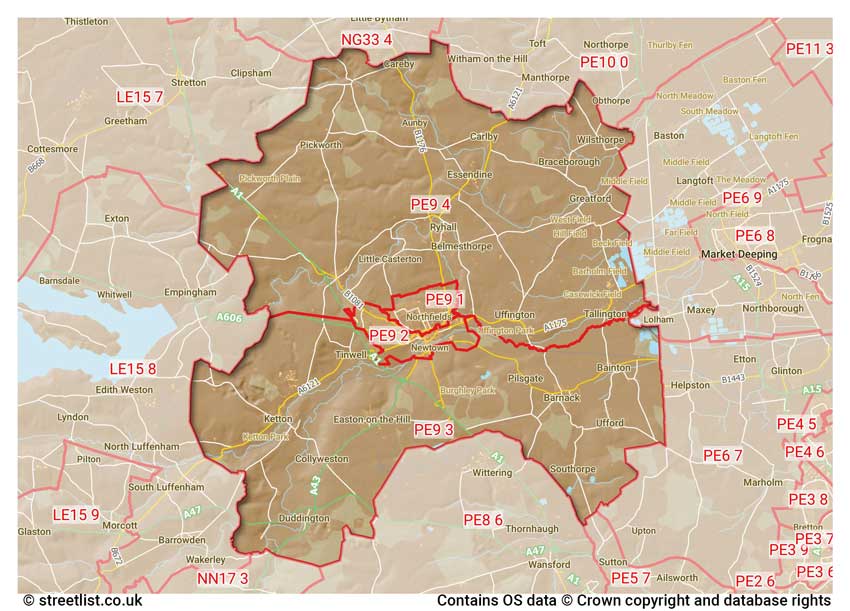 map showing postcode sectors within the PE9 district