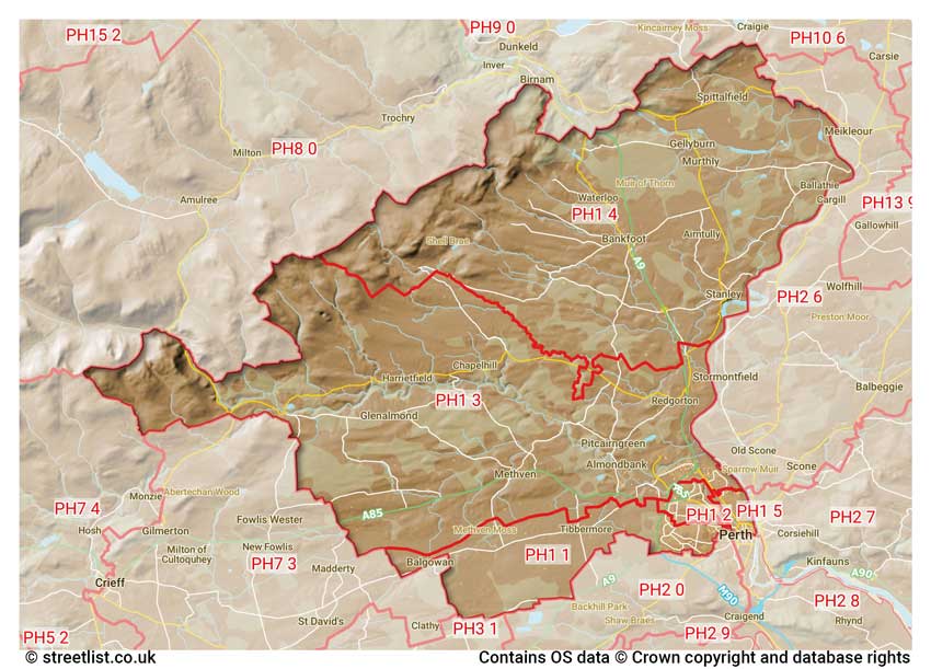 map showing postcode sectors within the PH1 district