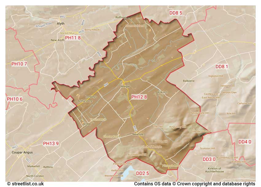 map showing postcode sectors within the PH12 district