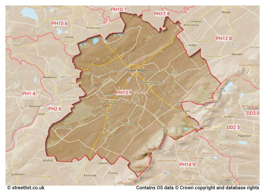 map showing postcode sectors within the PH13 district