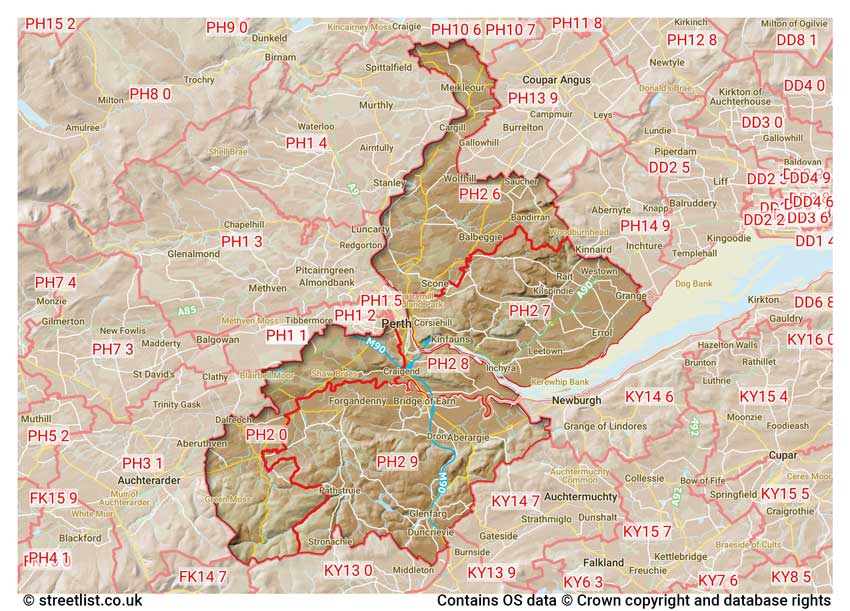 map showing postcode sectors within the PH2 district