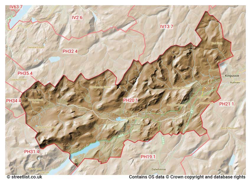 map showing postcode sectors within the PH20 district