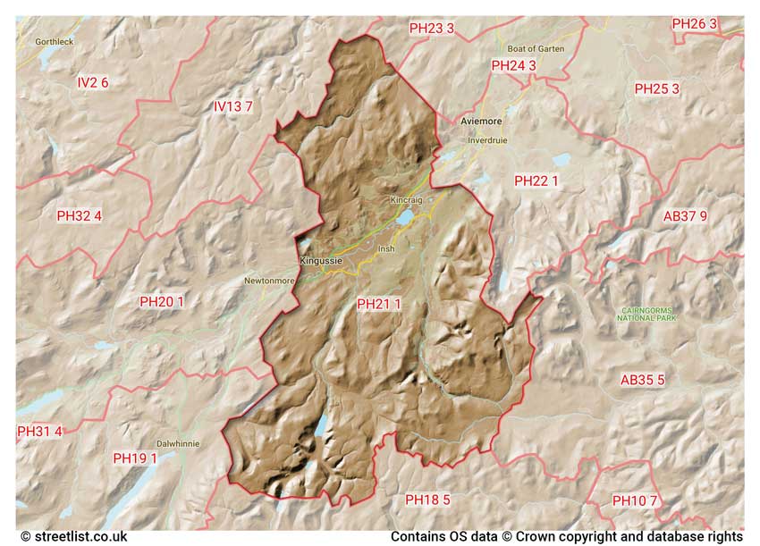 map showing postcode sectors within the PH21 district