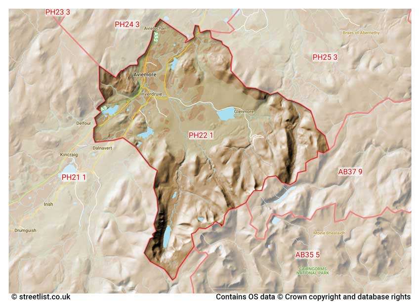 map showing postcode sectors within the PH22 district