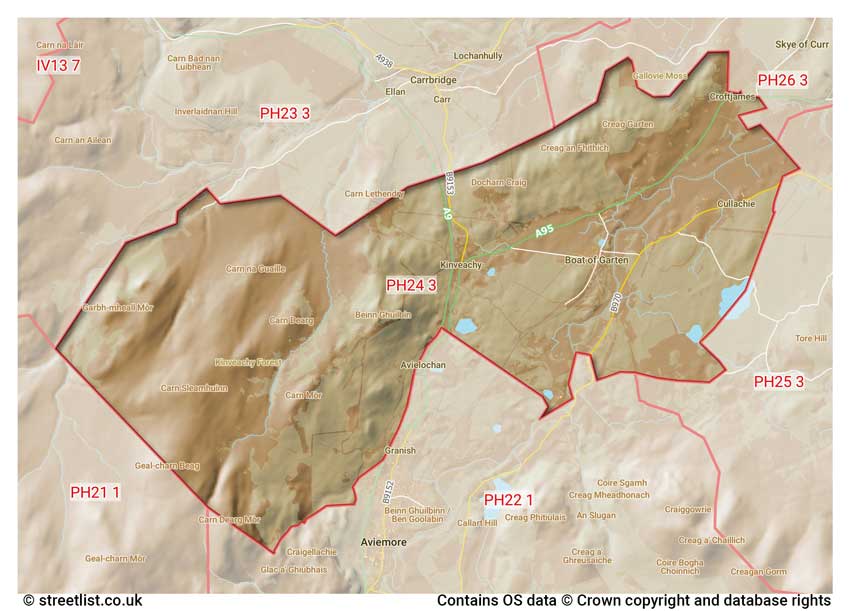 map showing postcode sectors within the PH24 district