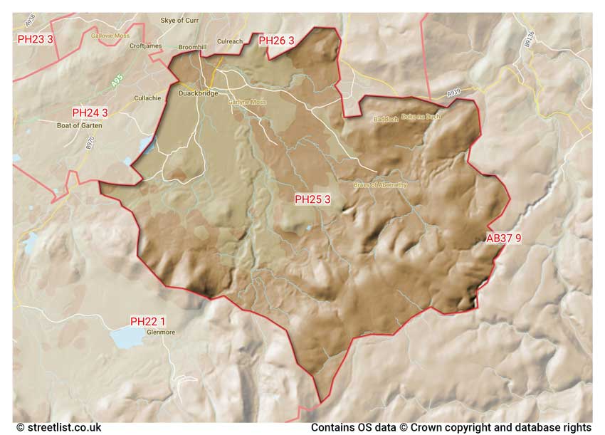 map showing postcode sectors within the PH25 district