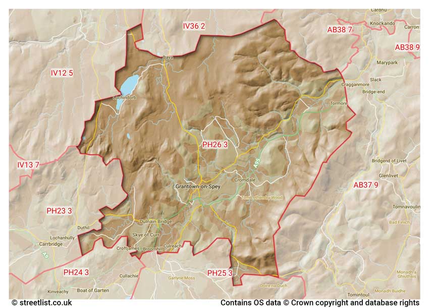 map showing postcode sectors within the PH26 district