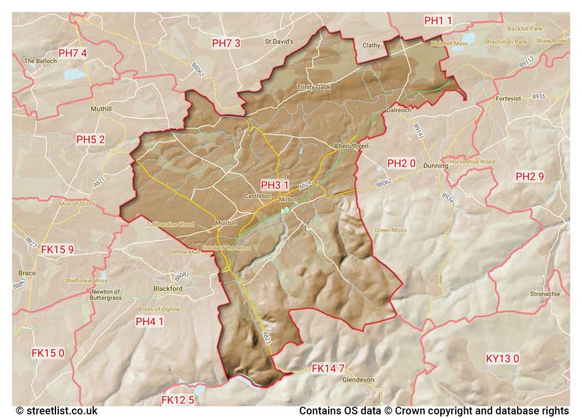 map showing postcode sectors within the PH3 district