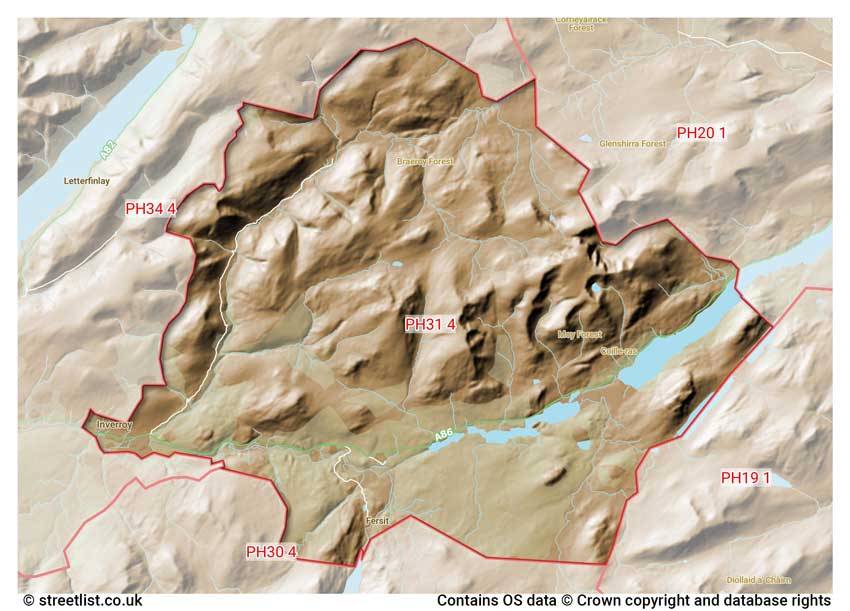 map showing postcode sectors within the PH31 district