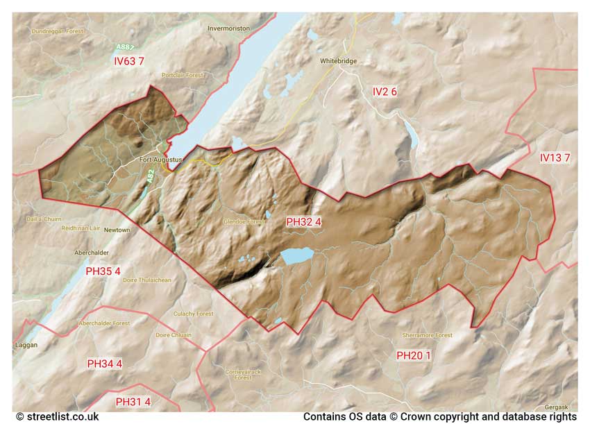 map showing postcode sectors within the PH32 district