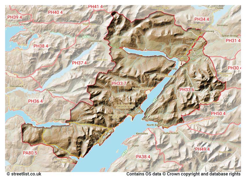 map showing postcode sectors within the PH33 district