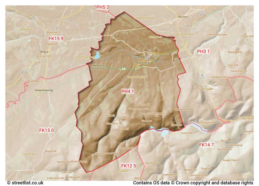 map showing postcode sectors within the PH4 district