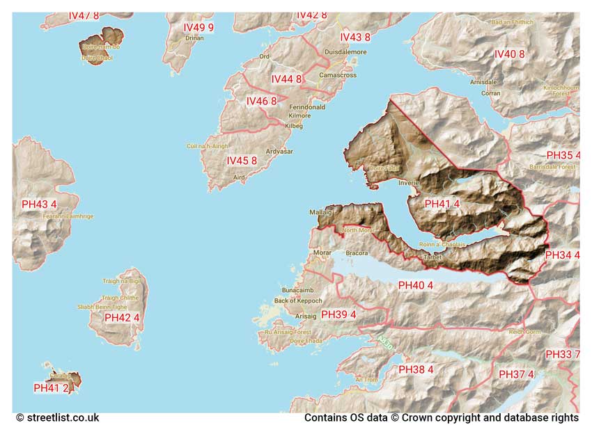 map showing postcode sectors within the PH41 district