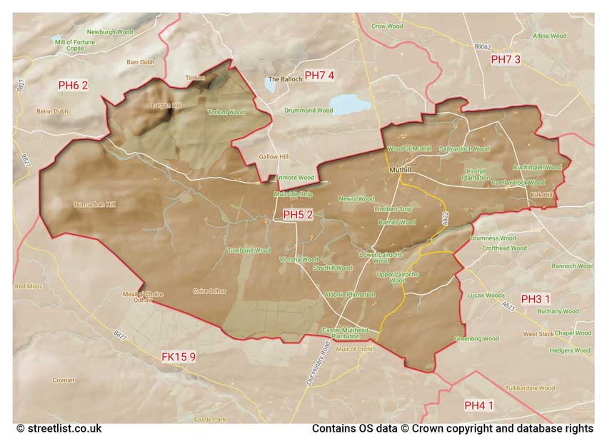 map showing postcode sectors within the PH5 district