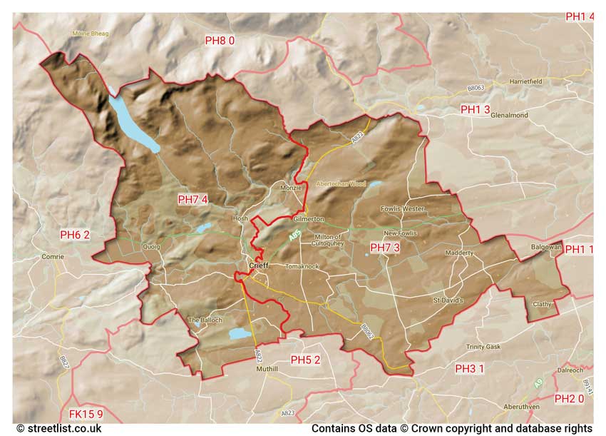 map showing postcode sectors within the PH7 district