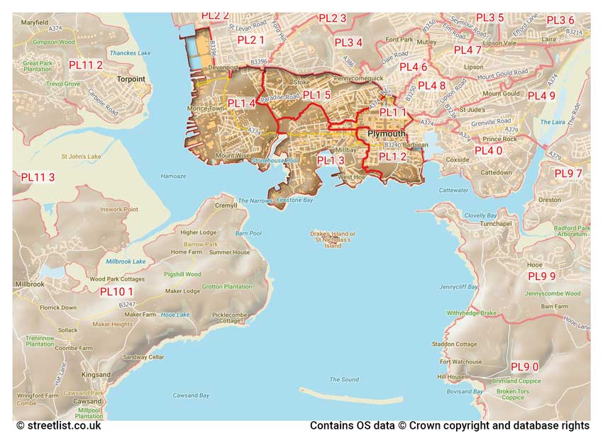 map showing postcode sectors within the PL1 district