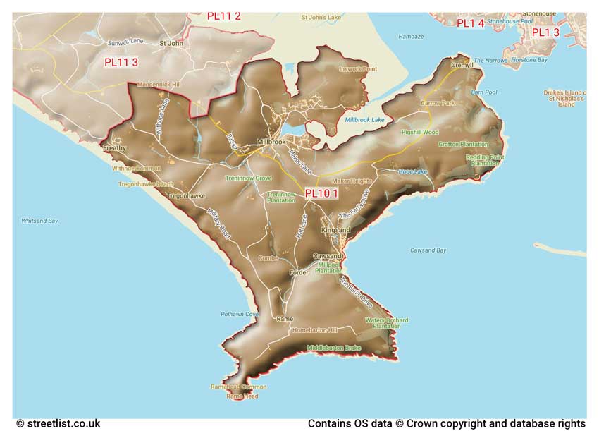 map showing postcode sectors within the PL10 district