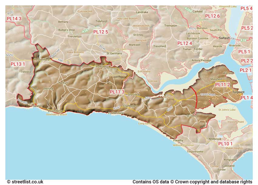 map showing postcode sectors within the PL11 district