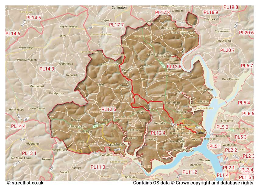 map showing postcode sectors within the PL12 district