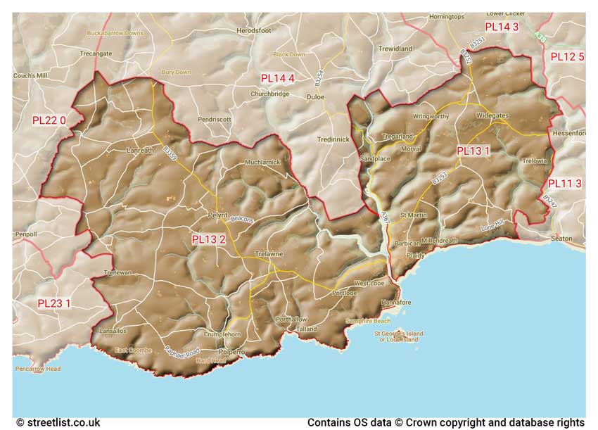 map showing postcode sectors within the PL13 district