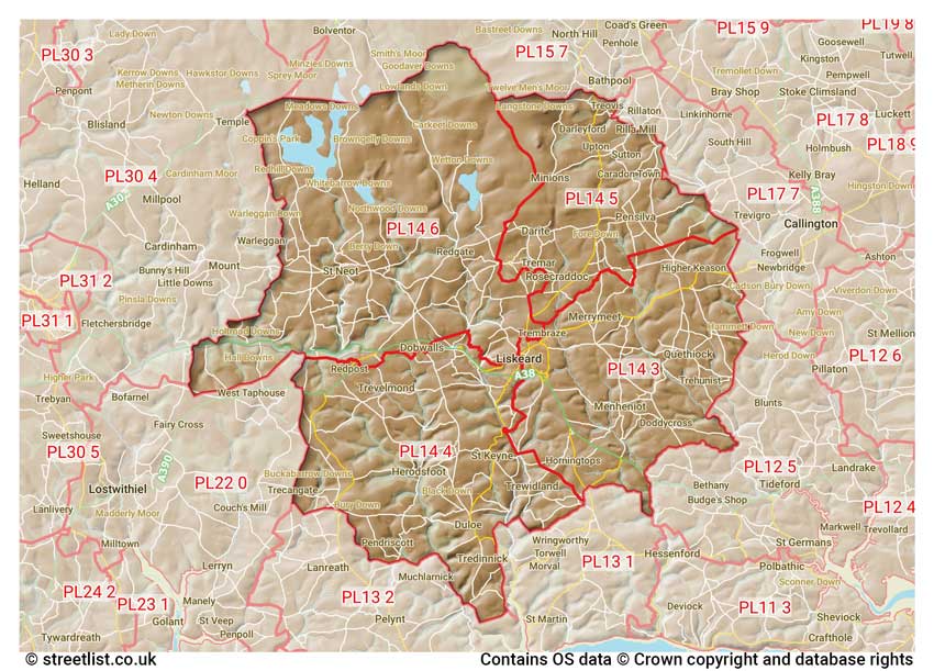 map showing postcode sectors within the PL14 district