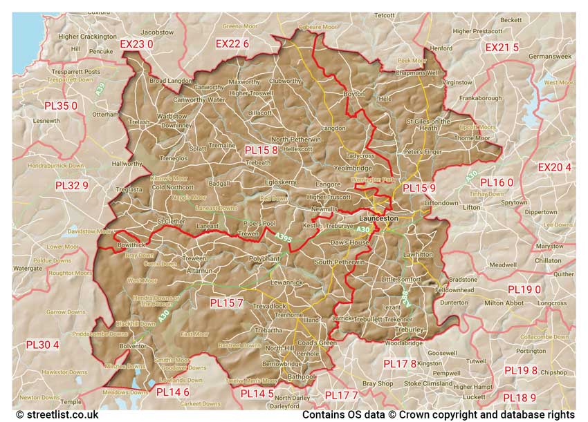 map showing postcode sectors within the PL15 district