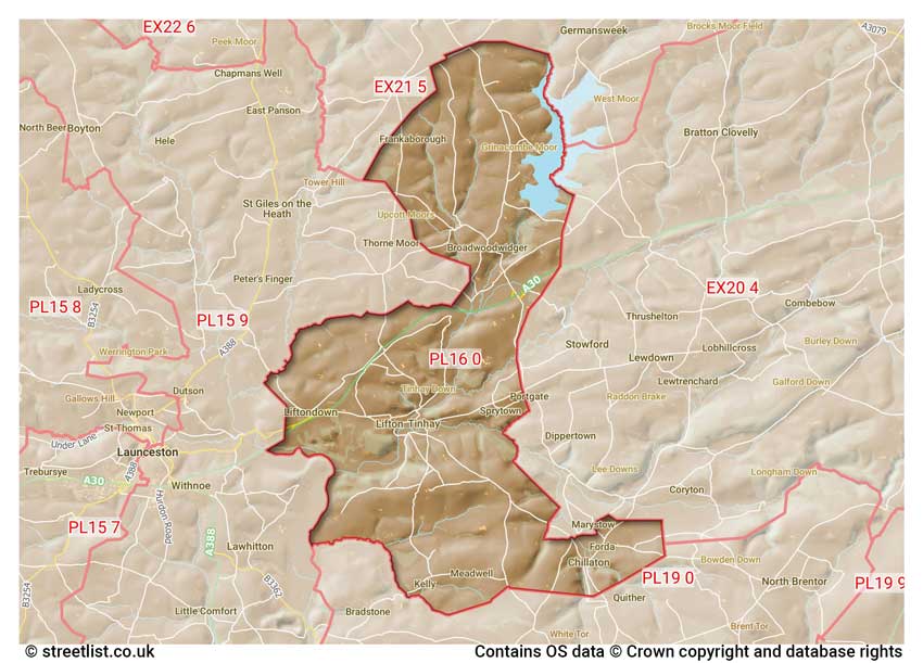 map showing postcode sectors within the PL16 district