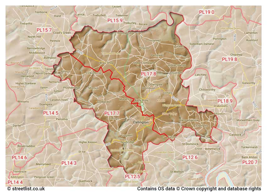 map showing postcode sectors within the PL17 district