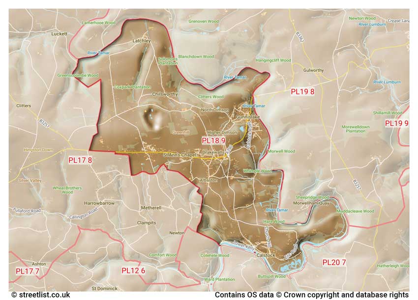 map showing postcode sectors within the PL18 district