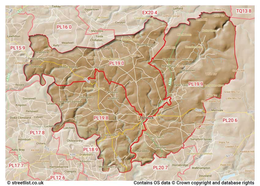 map showing postcode sectors within the PL19 district