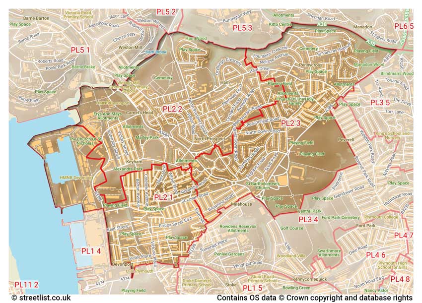 map showing postcode sectors within the PL2 district