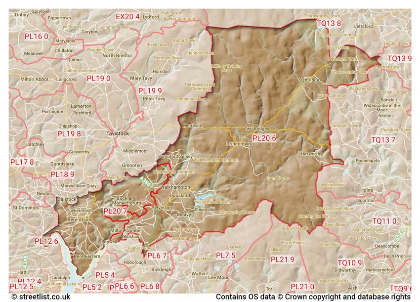 map showing postcode sectors within the PL20 district