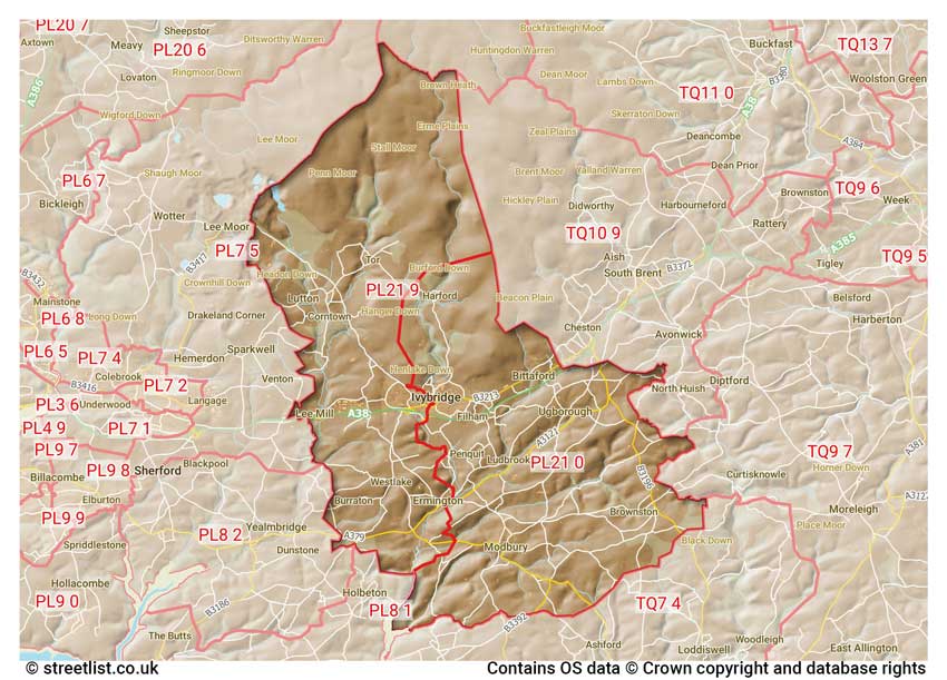 map showing postcode sectors within the PL21 district