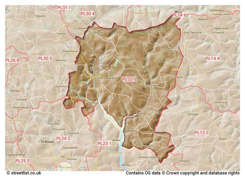 map showing postcode sectors within the PL22 district