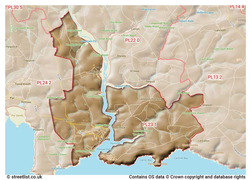 map showing postcode sectors within the PL23 district