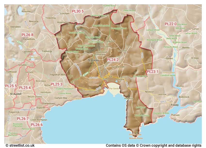 map showing postcode sectors within the PL24 district