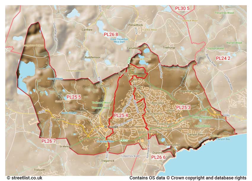 map showing postcode sectors within the PL25 district