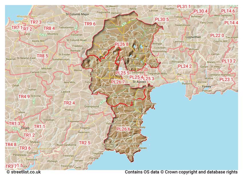 map showing postcode sectors within the PL26 district