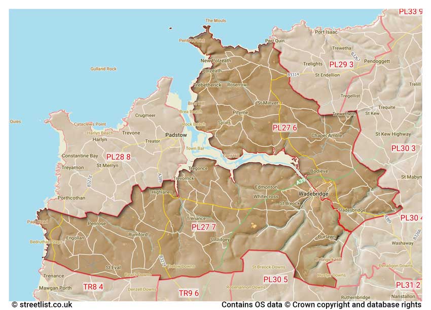 map showing postcode sectors within the PL27 district