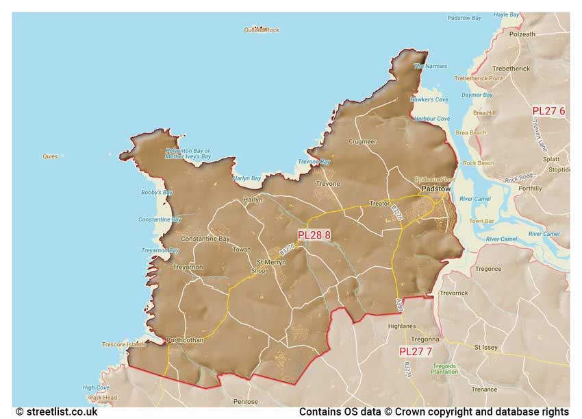 map showing postcode sectors within the PL28 district