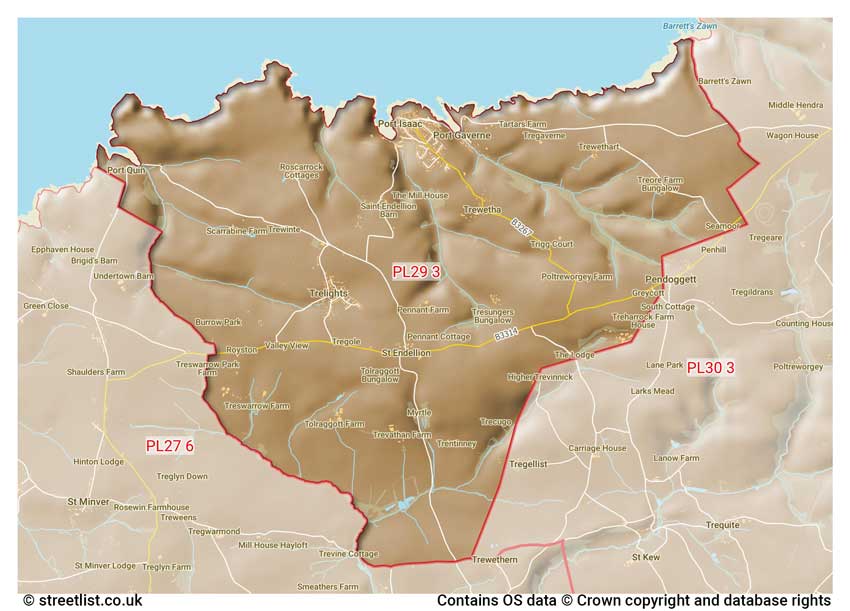 map showing postcode sectors within the PL29 district