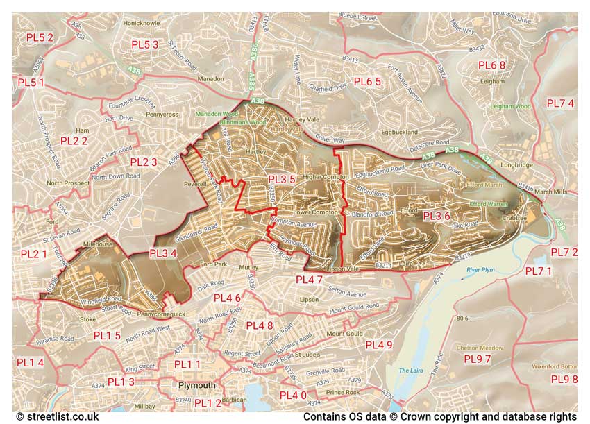 map showing postcode sectors within the PL3 district