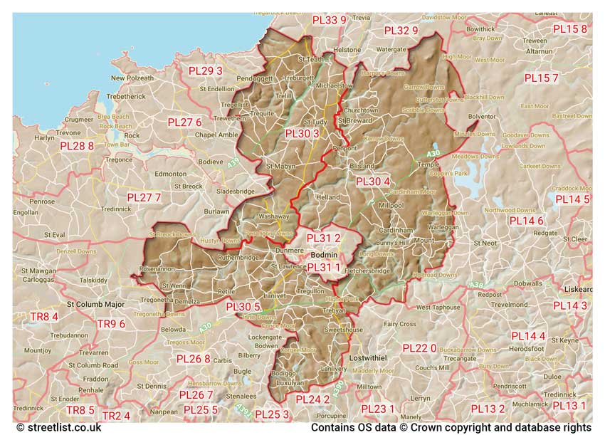 map showing postcode sectors within the PL30 district