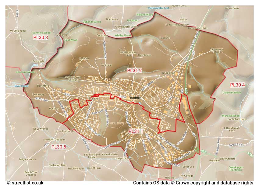 map showing postcode sectors within the PL31 district